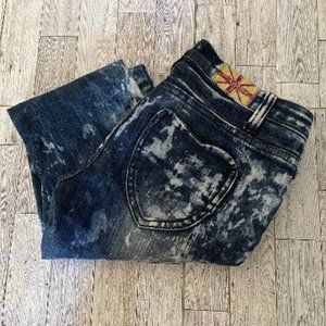 Machine Jeans, size 28, heavy acid wash and machine distressed, heart pockets